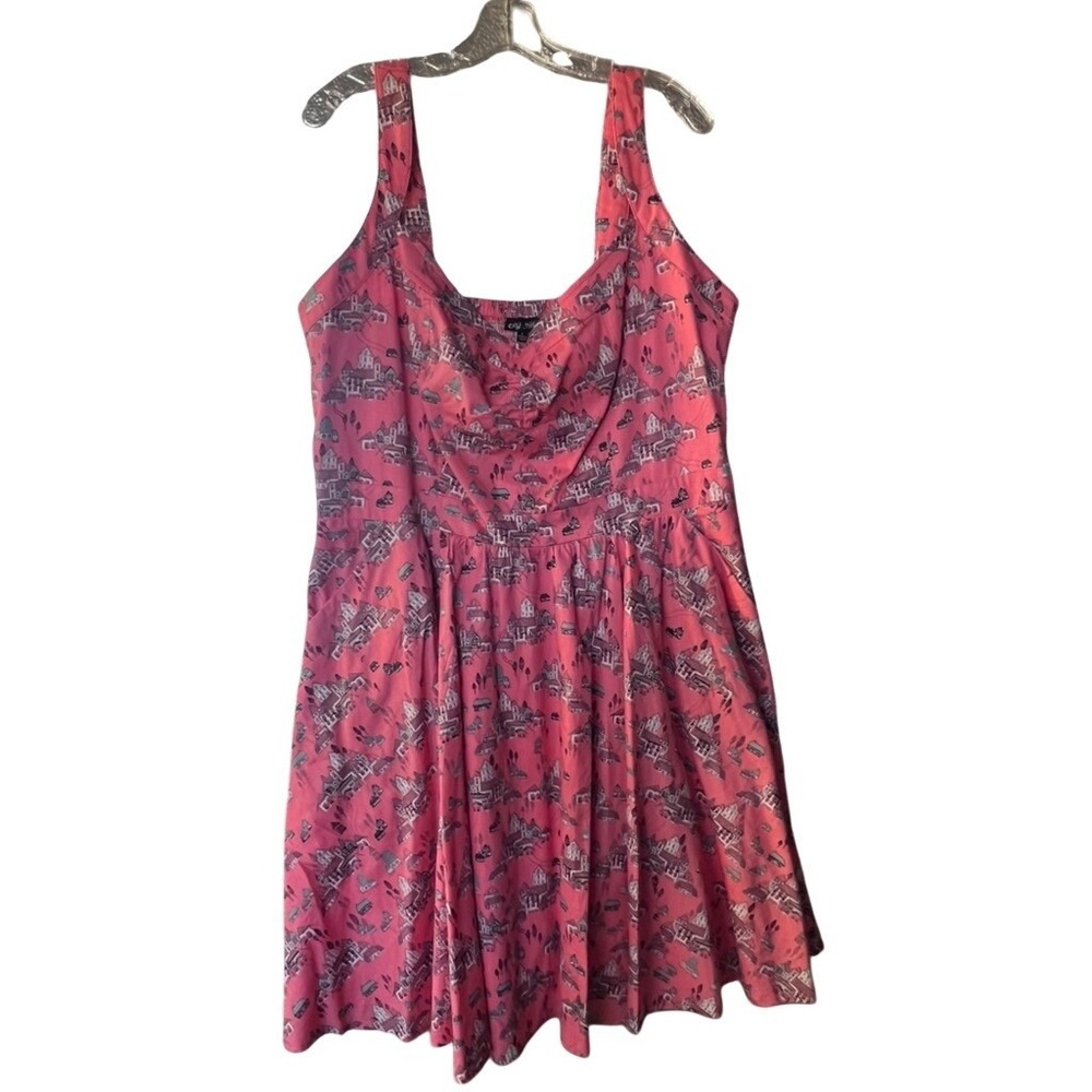 City Chic‎ Pink Village House Print Fit Flare Dress Smocked Back Pockets Large L
